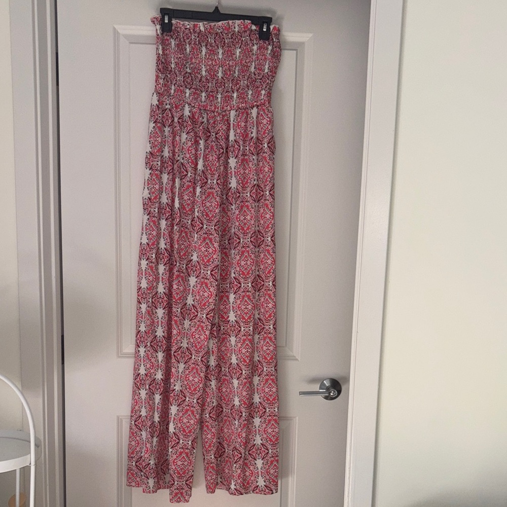 SHEIN Red and White Patterned Wide Leg Jumpsuit